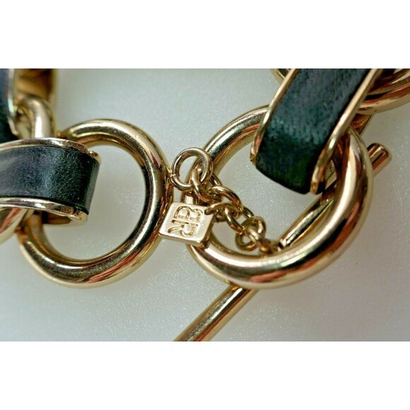Chunky Vintage Black Leather & Golden Link Banana Republic Bracelet Toggle Clasp - Picture 2 of 6